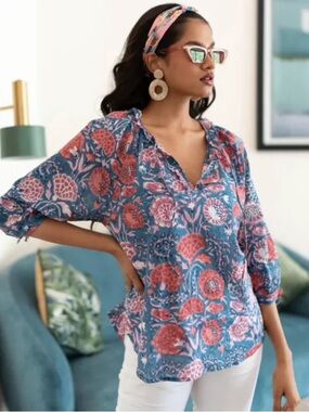 Sohana Boho Frayed Top Blue Floral Blouse India Cotton Size L